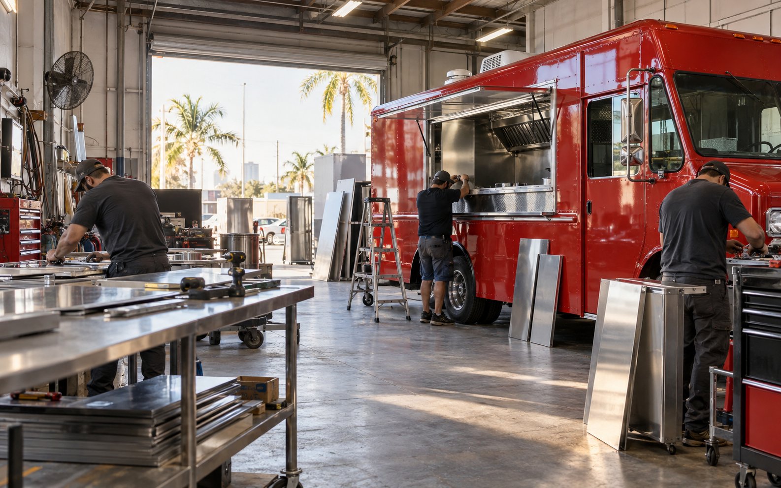 Equipo trabajando en un food truck dentro de un taller